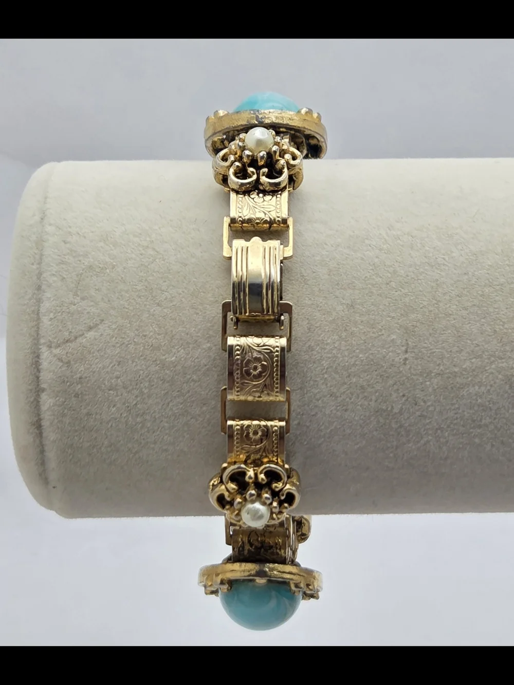 Vintage Gold Tone Faux Turquoise Pearl Panel Bracelet Filigree Etched 7 Inches